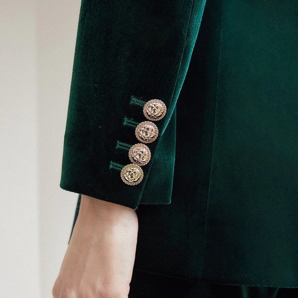 Green Preppy Womens Velvet Double Breasted Blazer - Picture 4 of 5